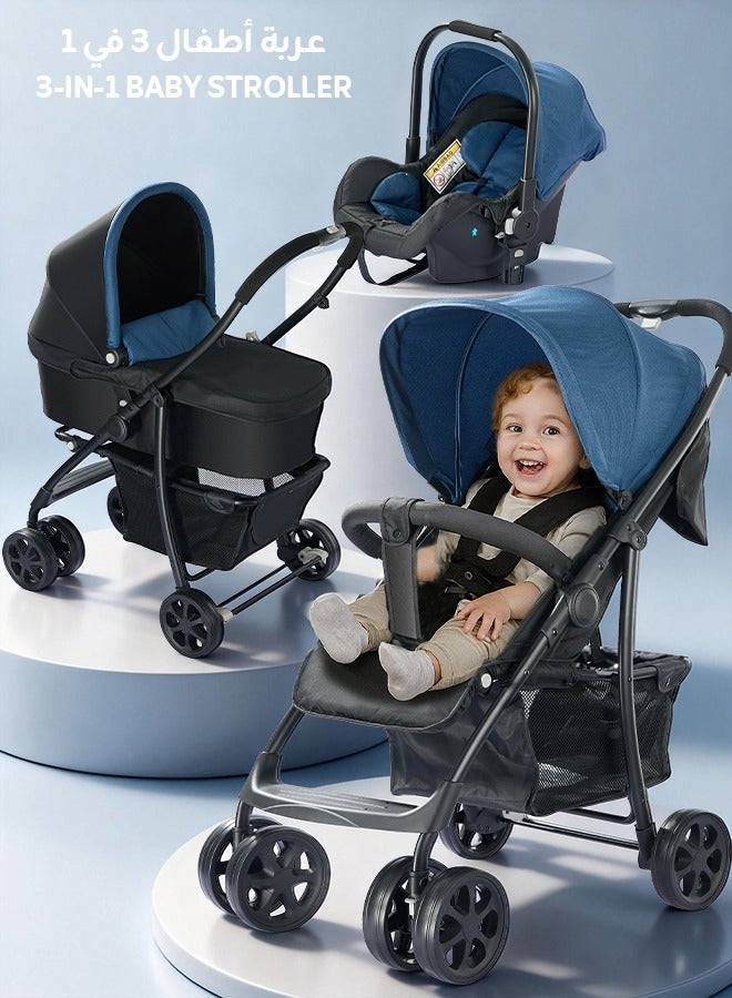 hibobi 3-in-1 Luxury Tow-way Baby Stroller, One-Click Fold, 20cm Shock-Absorbing Rubber Wheels, Detachable Bassinet & Baby Car Seat, Multi-Position Recline, 70kg Capacity, Suitable for 0–6 Years - Image 1